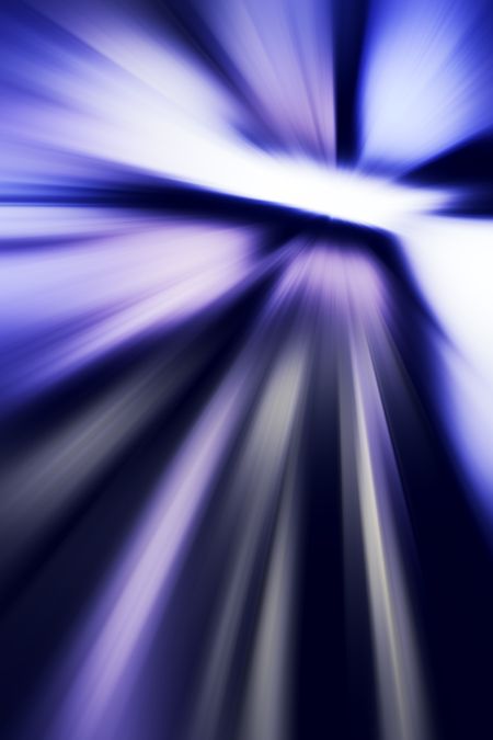 Futuristic abstract, predominantly blue and white, with radial blur of a mysterious source of light beams such as a portal opening in deep space during travel at light speed