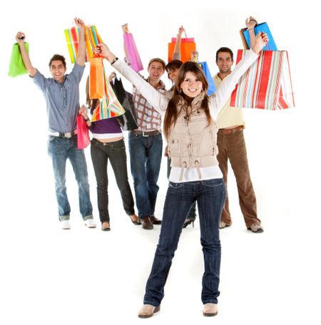 Casual woman shopping bags and some people behind her isolated
