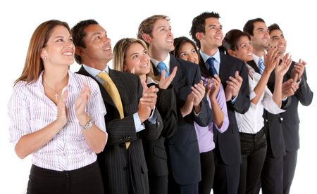 Group of business people applauding and smiling isolated on white