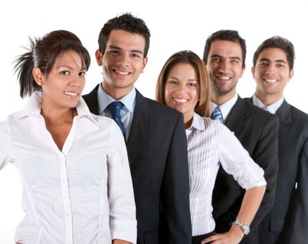 Business team smiling isolated over a white background