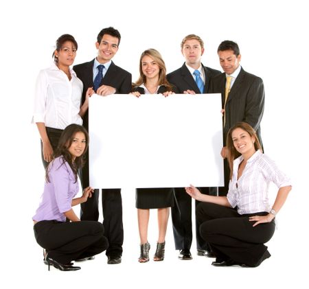 group of business people holding a banner ad isolated on white