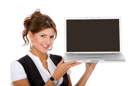 Business woman displaying a laptop computer isolated