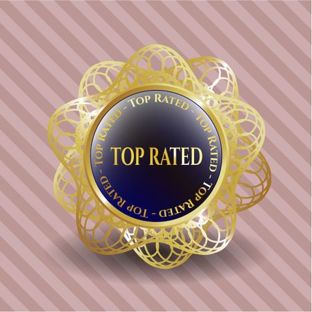 Top rated blue shiny badge with gold border