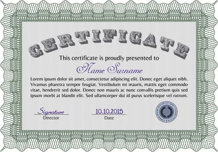 Sample certificate or diploma. Superior design. With guilloche pattern. Vector certificate template.