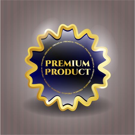 Premium product blue shiny badge with gold border