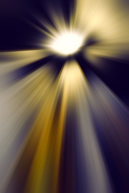 Dramatic imaginary abstract of an intensely glowing otherworldly object emitting radially blurred beams of light or other widespread radiation as it hurtles through interstellar space
