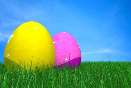 easter eggs on the grass in yellow and pink over a blue sky