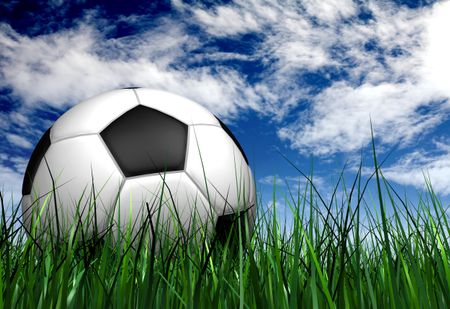 football or soccer ball on the grass over a blue sky in the background - 3d illustration