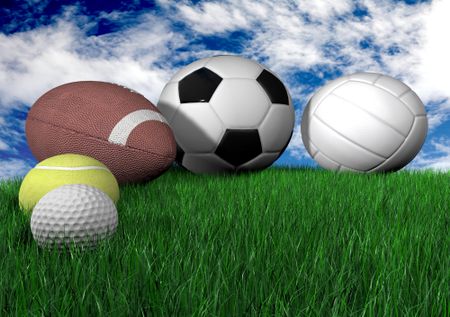 sports balls on grass - horizontal - made in 3d