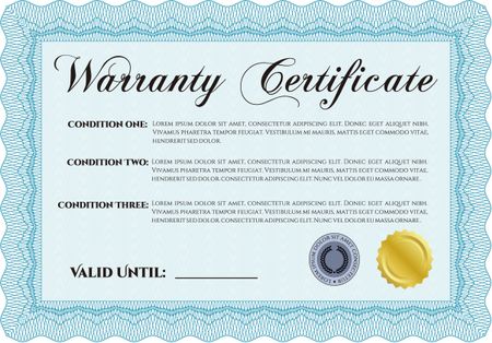 Sample Warranty certificate template. Easy to print. Perfect style. Complex frame design. 