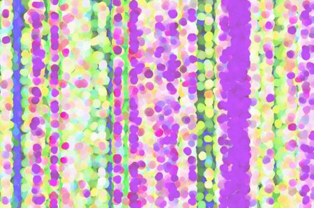 Pointillist asymmetric multicolored abstract of small, dot-like blobs, many a garish pink, that may suggest a carnival curtain or effervescent hallucination
