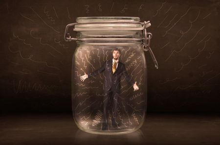 Businessman inside a jar with powerful hand drawn lines concept on bakcground