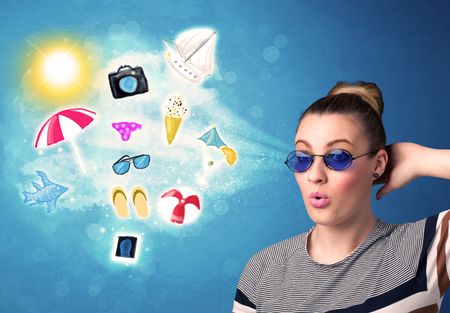 Happy joyful woman with sunglasses looking at summer icons and symbols concept