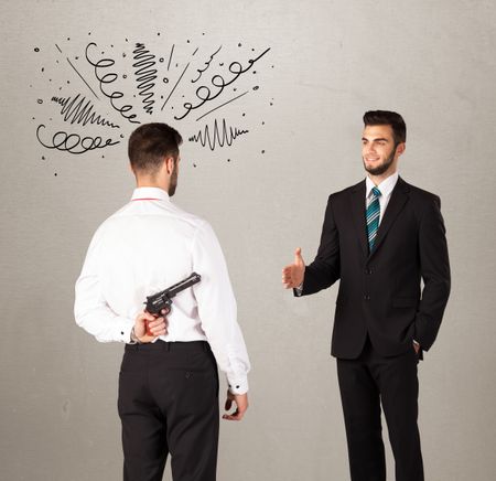 ruthless-businessman-handshake-hiding-weapon-drawn-278622134 Ruthless businessman handshake with a hiding weapon and drawn curly lines around his head