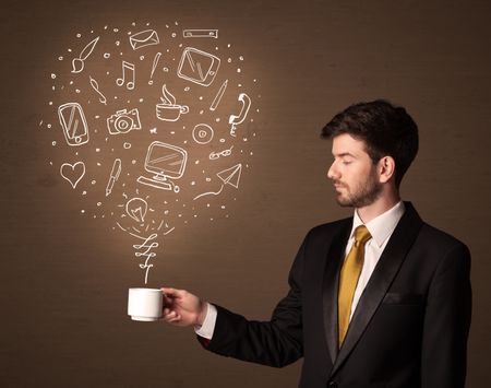 Businessman standing and holding a white cup with drown social media icons coming out of the cup