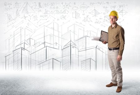 Handsome construction specialist with city drawing in background concept