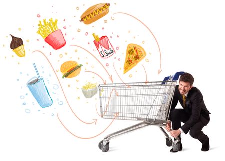 Businessman pushing a shopping cart and toxic junk food and cigarettes coming out of it