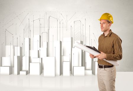 Construction worker planing with 3d buildings in background concept