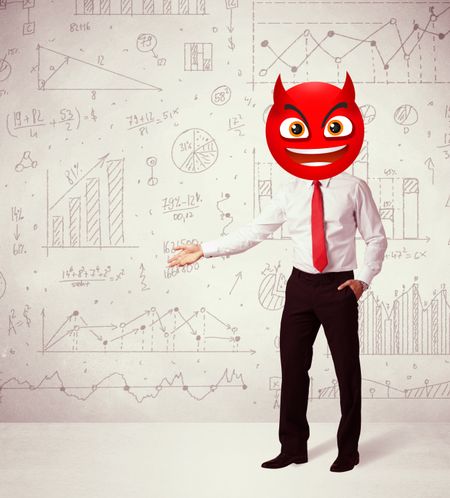 Funny businessman wears devil smiley face