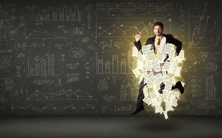 Handsome businessman jumping with paper document cloud around him