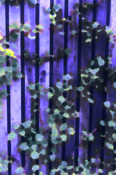 Impressionistic abstract of climbing hydrangea on wooden fence in garden, with predominance of blues and greens, spring in northern Illinois