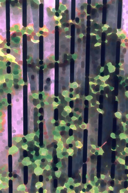 Impressionistic abstract of climbing hydrangea on wooden fence in spring garden, with light green pastels overlapping dark stripes, for illustration and background