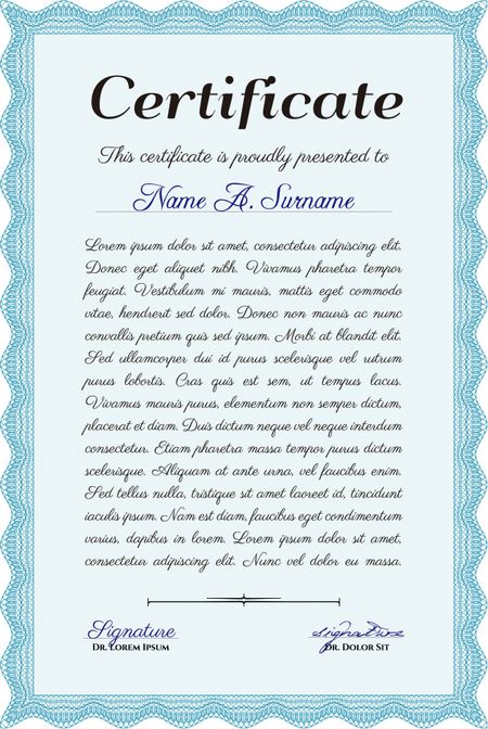 Sample certificate or diploma. With complex background. Border, frame.Cordial design. 