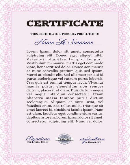 Diploma template or certificate template. With guilloche pattern and background. Complex design. Vector pattern that is used in currency and diplomas.