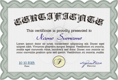 Certificate of achievement template. Money style.With complex linear background. Nice design. 