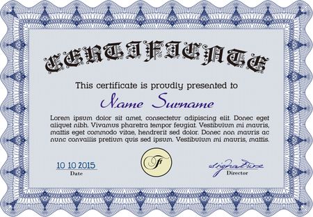 Certificate or diploma template. Good design. Border, frame.With linear background.