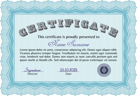 Diploma template. Modern design. With guilloche pattern and background. Border, frame.