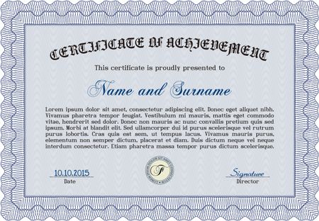 Sample certificate or diploma. Complex background. Superior design. Vector certificate template.
