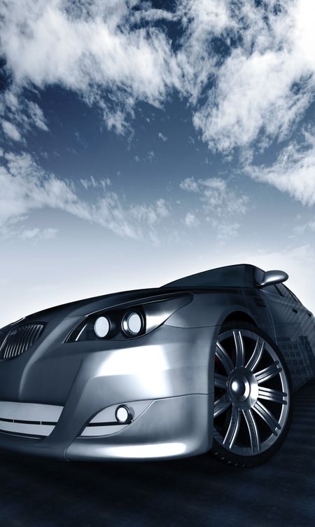 silver car illustration with sky in the background - car is made in 3d
