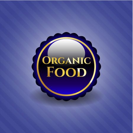 Organic food blue shiny badge with blue background