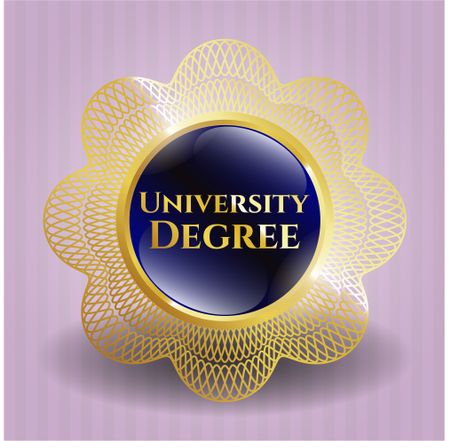 University degree gold shiny badge with pink background