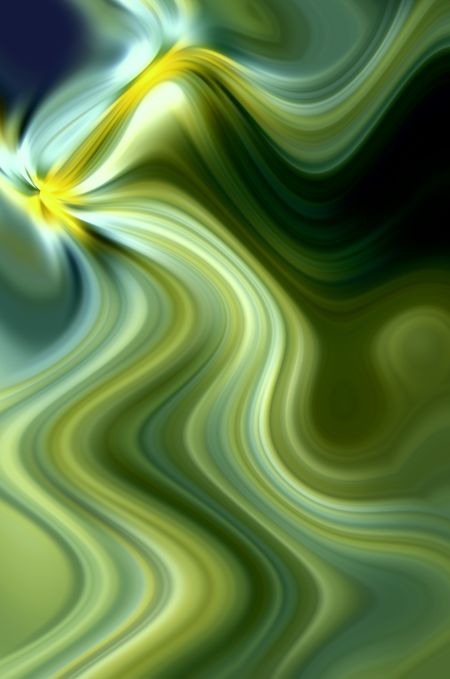 Dreamlike abstract of blurred primroses with swirling light trails and predominance of green for themes of nature and alternate reality