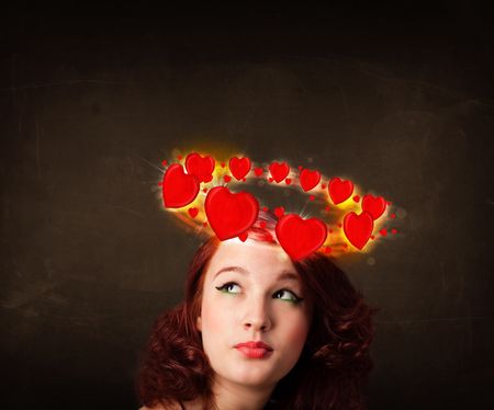 Pretty teenager with heart illustrations circleing around her head