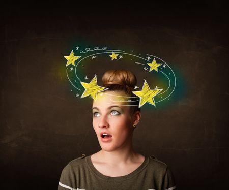 Young girl with yellow stars circleing around her head illustration
