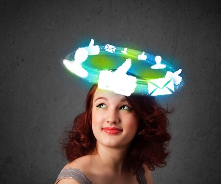 Teenager with cloud social icons around her head
