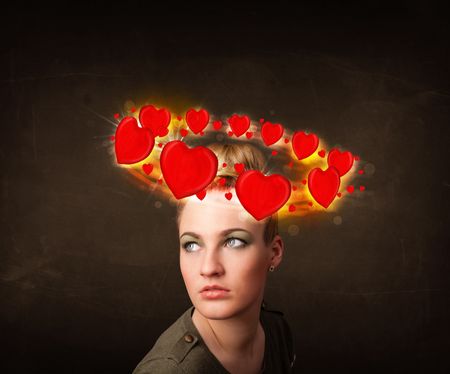 Pretty teenager with heart illustrations circleing around her head
