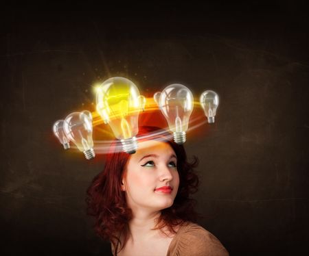 Preety woman with light bulbs circleing around her head