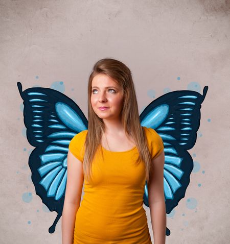 Cute young girl with butterfly blue illustration on the back