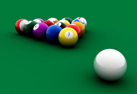 billiards balls on a green table made in 3d