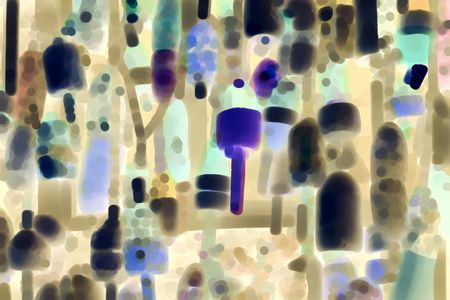 Varicolored abstract of lobster trap buoys hanging on exterior wall in New England, with a watercolor effect, for decoration and background with maritime and coastal themes