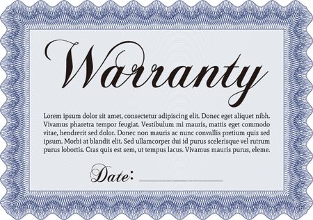 Warranty Certificate template. Very Detailed. With complex background. Complex frame. 