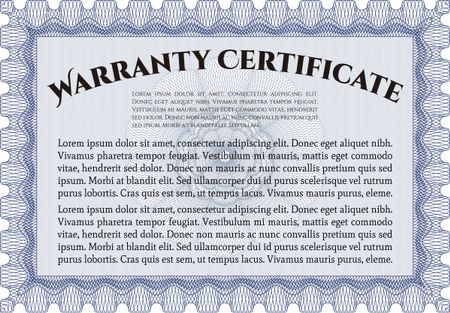 Warranty Certificate template. It includes background. With sample text. Perfect style. 
