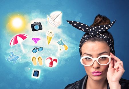 happy-joyful-woman-sunglasses-looking-summer-282630521 Happy joyful woman with sunglasses looking at summer icons and symbols concept