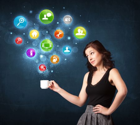 Businesswoman standing and holding a white cup with colorful setting icons coming out of the cup