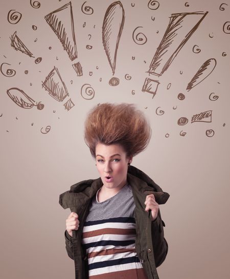 young-woman-hair-style-hand-drawn-282647297 Young woman with hair style and hand drawn exclamation signs concept on background