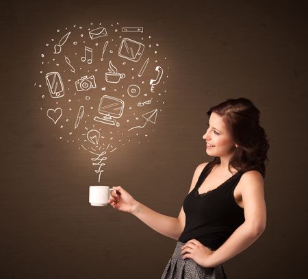 Businesswoman standing and holding a white cup with drown social media icons coming out of the cup